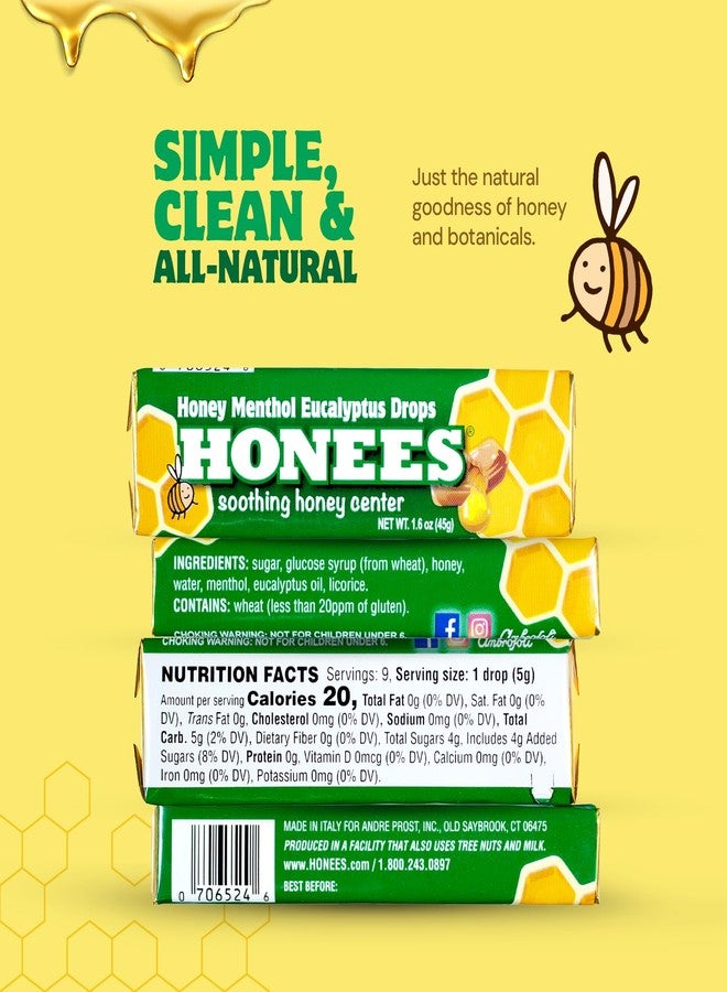 Honees Filled Menthol Cough Drops, Honey, Menthol & Eucalyptus Cough Drops- Natural Sore Throat Relief - Nothing Artificial -Throat Lozenges, Non-GMO (24 Pack –216 Drops) - Image 4